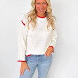 Cream Knit Sweater with Red Trim