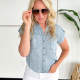 Chambray Short Sleeve Button Collared Top
