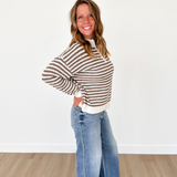 Mocha 1/2 Zip Mock Neck Striped Pullover