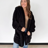 Black Fuzzy Hooded Cardigan-One Size
