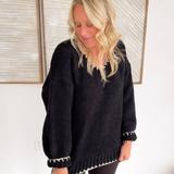 Black Knit V-Neck Contrast Stitch Sweater