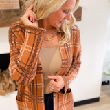Rust Plaid Open Front Knit Cardigan