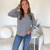 Navy & Ivory Striped Sweater with Camel Trim