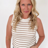 Ivory/Tan Crochet Striped Sleeveless Sweater