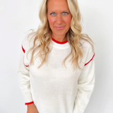 Cream Knit Sweater with Red Trim