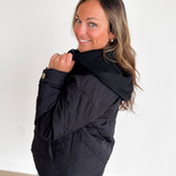 Black Quilted Hooded Button Up Jacket