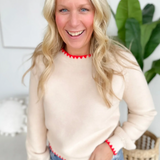 Almond Knit Sweater with Red Trim