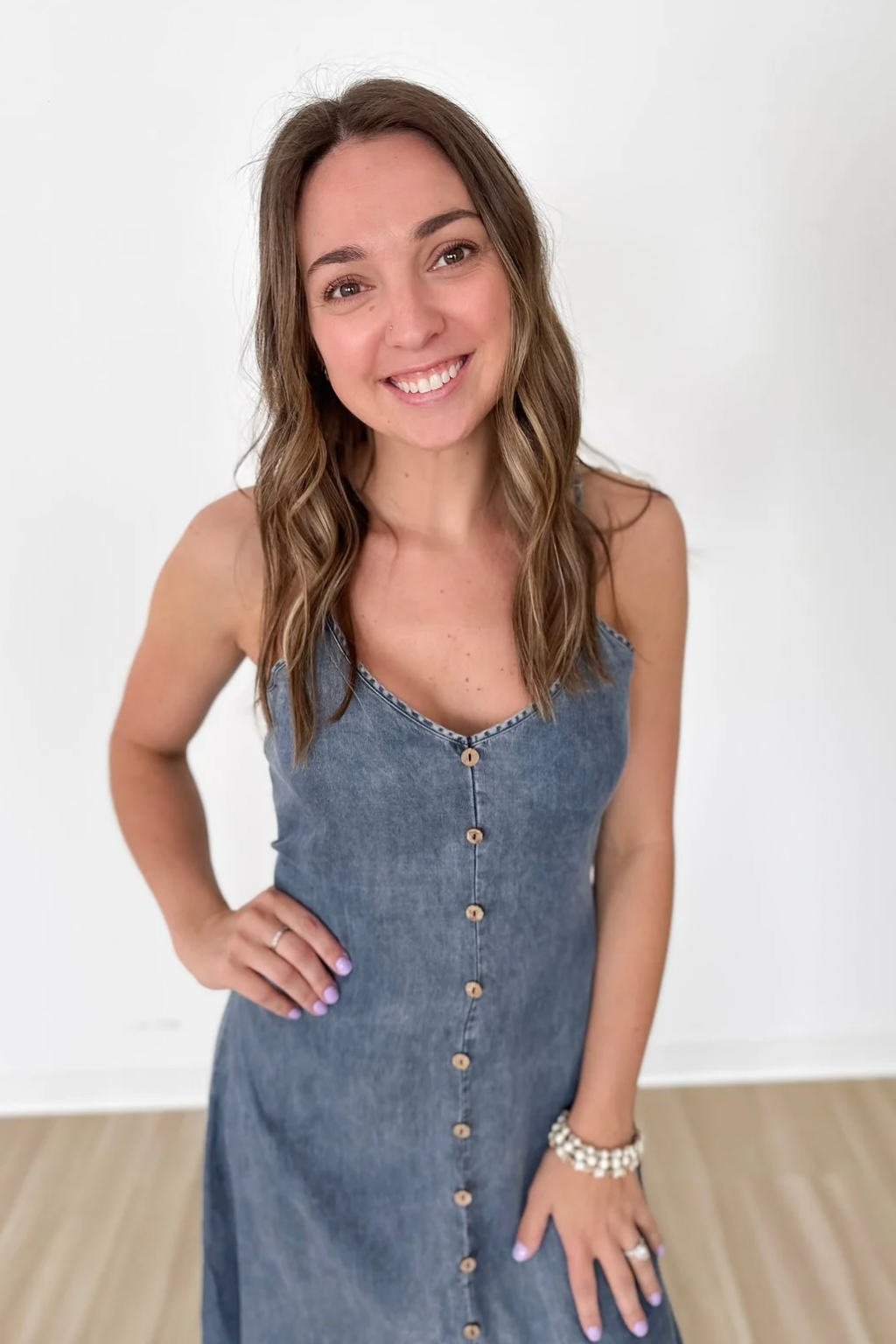 Denim Flowy Maxi Dress w/ Contrast Buttons