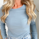 Blue Ribbed Fitted Long Sleeve Top