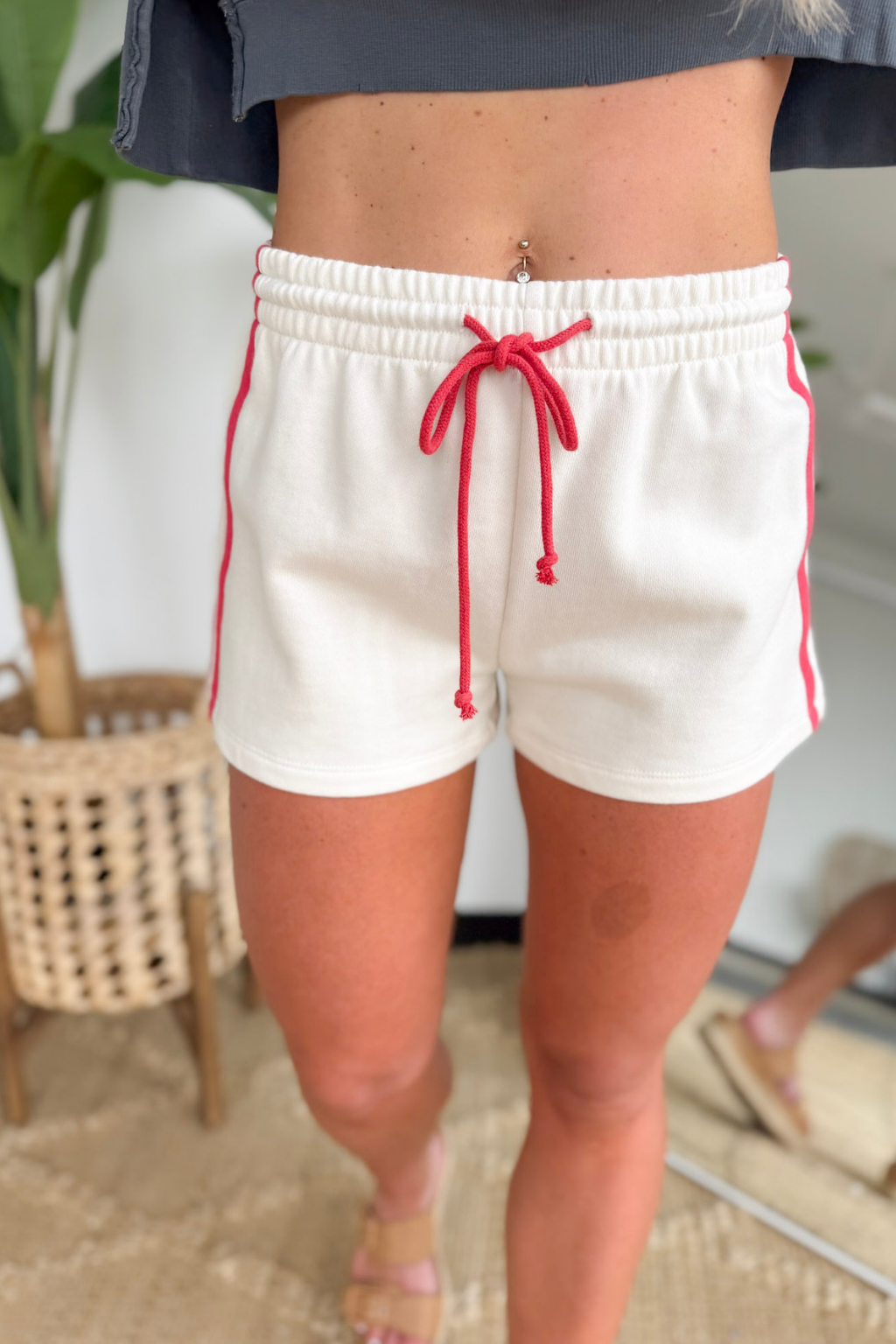 Ivory/Red Elastic Waistband Shorts