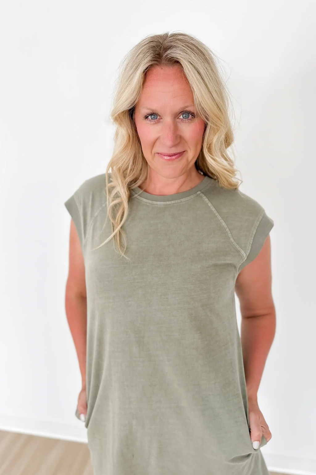 Olive Washed Casual Cap Sleeve Mini Dress
