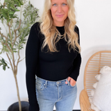 Fitted Round Neck Long Sleeve Top-Black