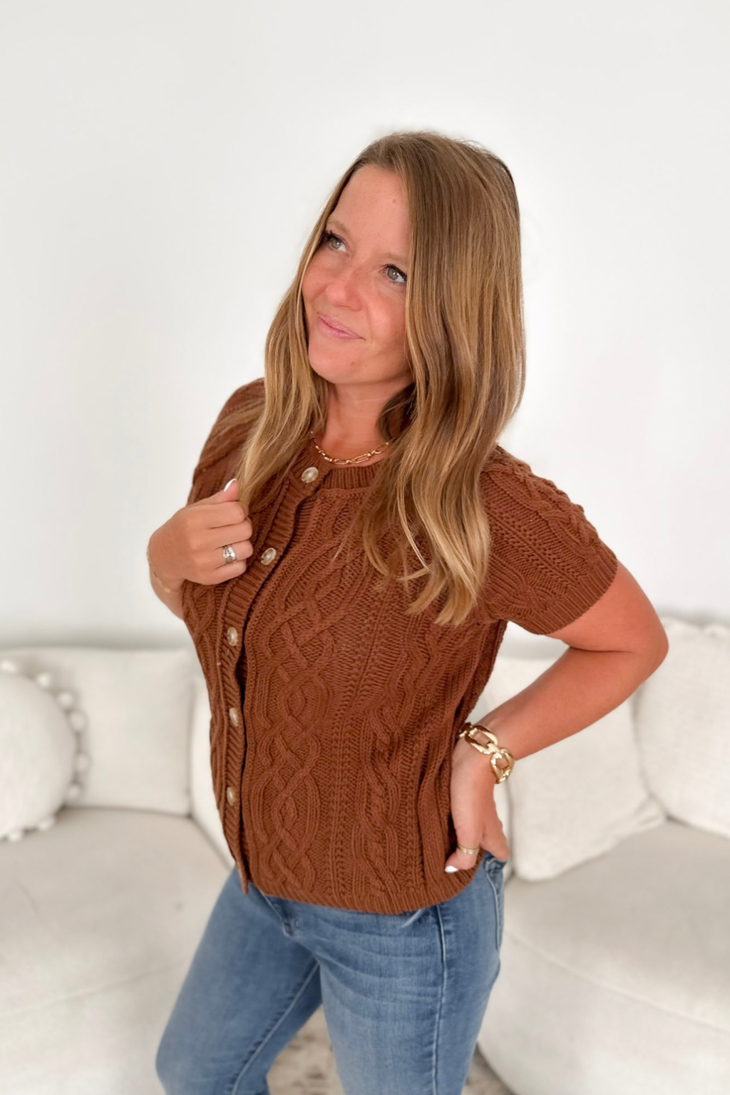 Brown Cable Knit Button Short Sleeve Top