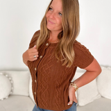 Brown Cable Knit Button Short Sleeve Top