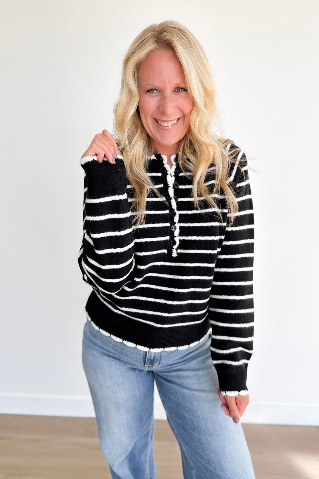 Black/White Stripe Henley Sweater