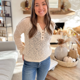 Natural Open Knit Half Button Top