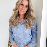 Blue Open Knit Split Neck Top