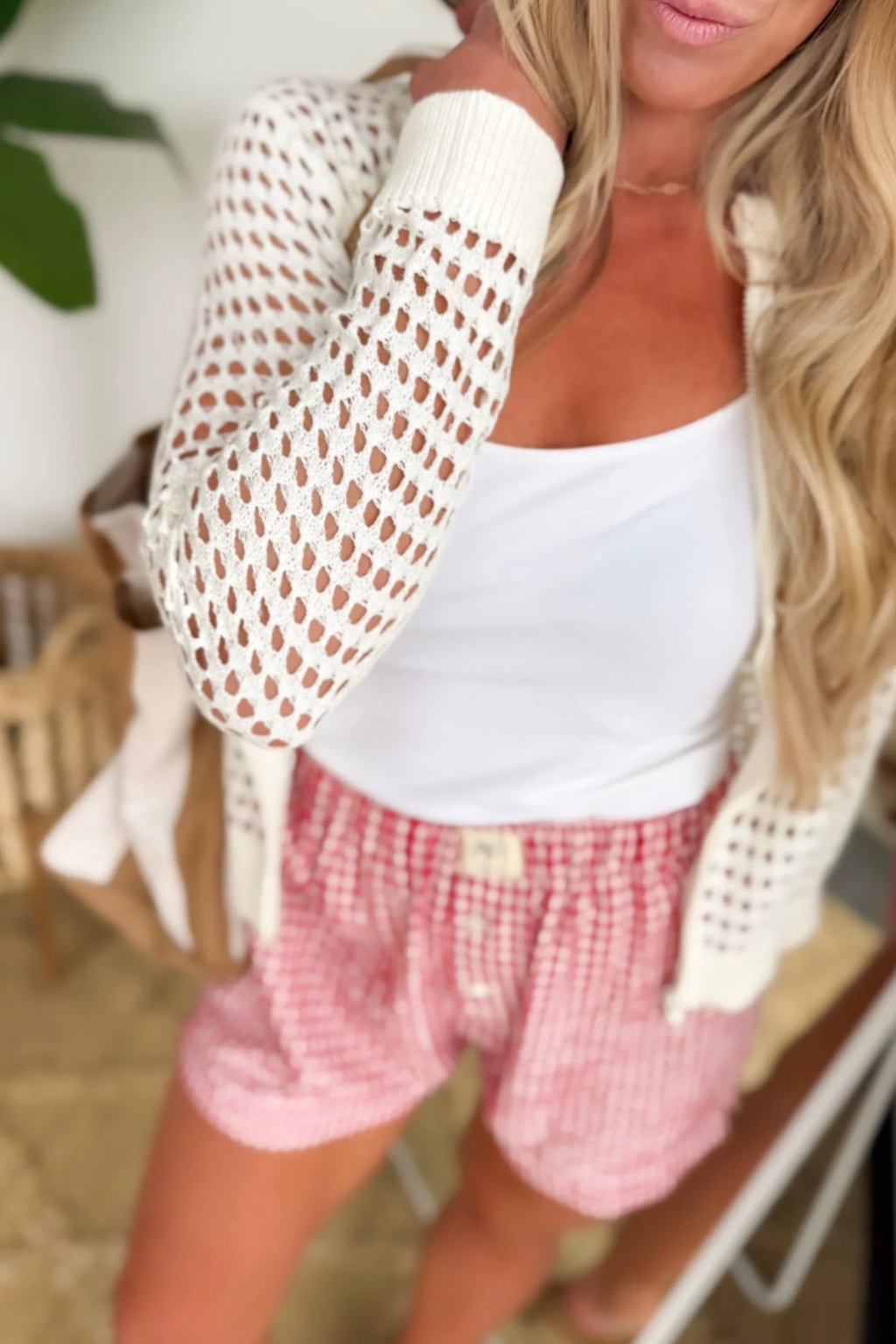 White Open Knit Zip-Up Jacket