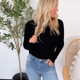 Fitted Round Neck Long Sleeve Top-Black