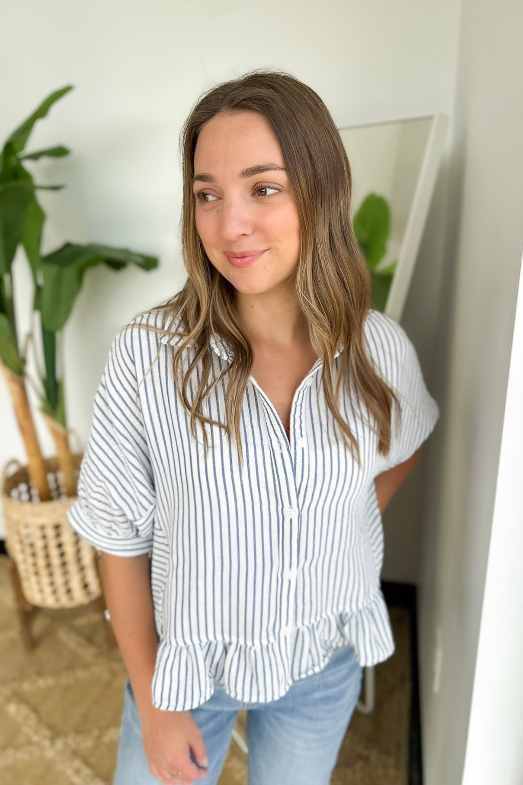 Navy Stripe Button Down Ruffle Top