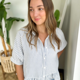 Navy Stripe Button Down Ruffle Top
