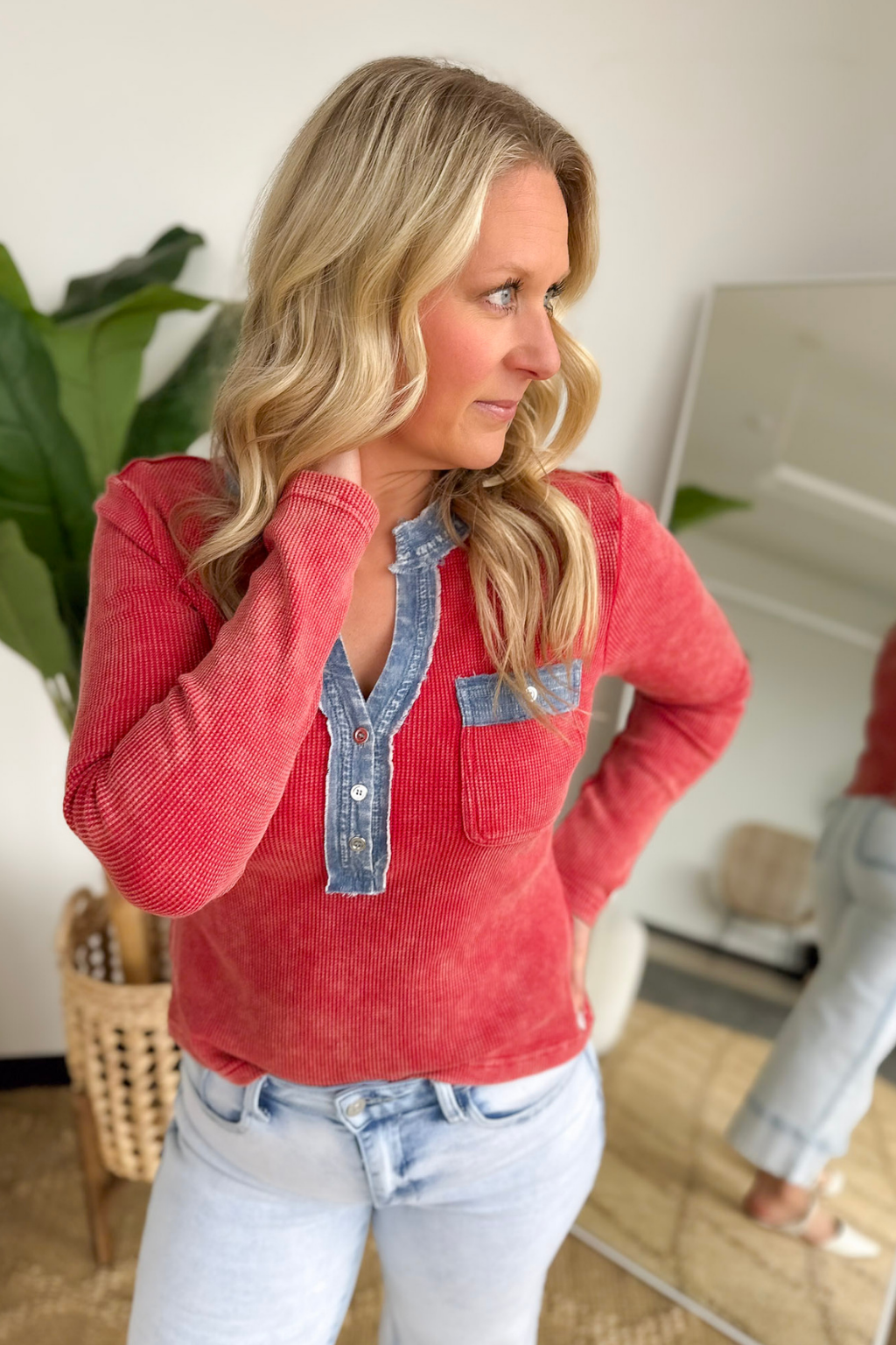 Red Denim Mixed Henley Waffle Top