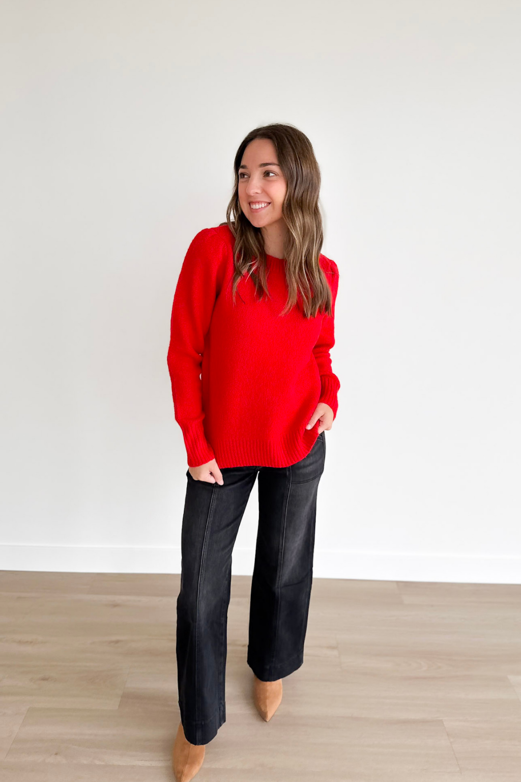 Red Soft Knit Puff Long Sleeve Sweater