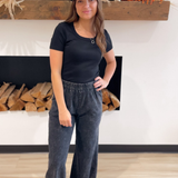 Washed Black Denim Elastic Waist Pants