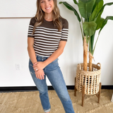Olive Ribbed Short Sleeve White Striped Top
