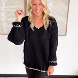 Black Knit V-Neck Contrast Stitch Sweater
