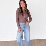 Mocha 1/2 Snap Button Waffle Knit Top
