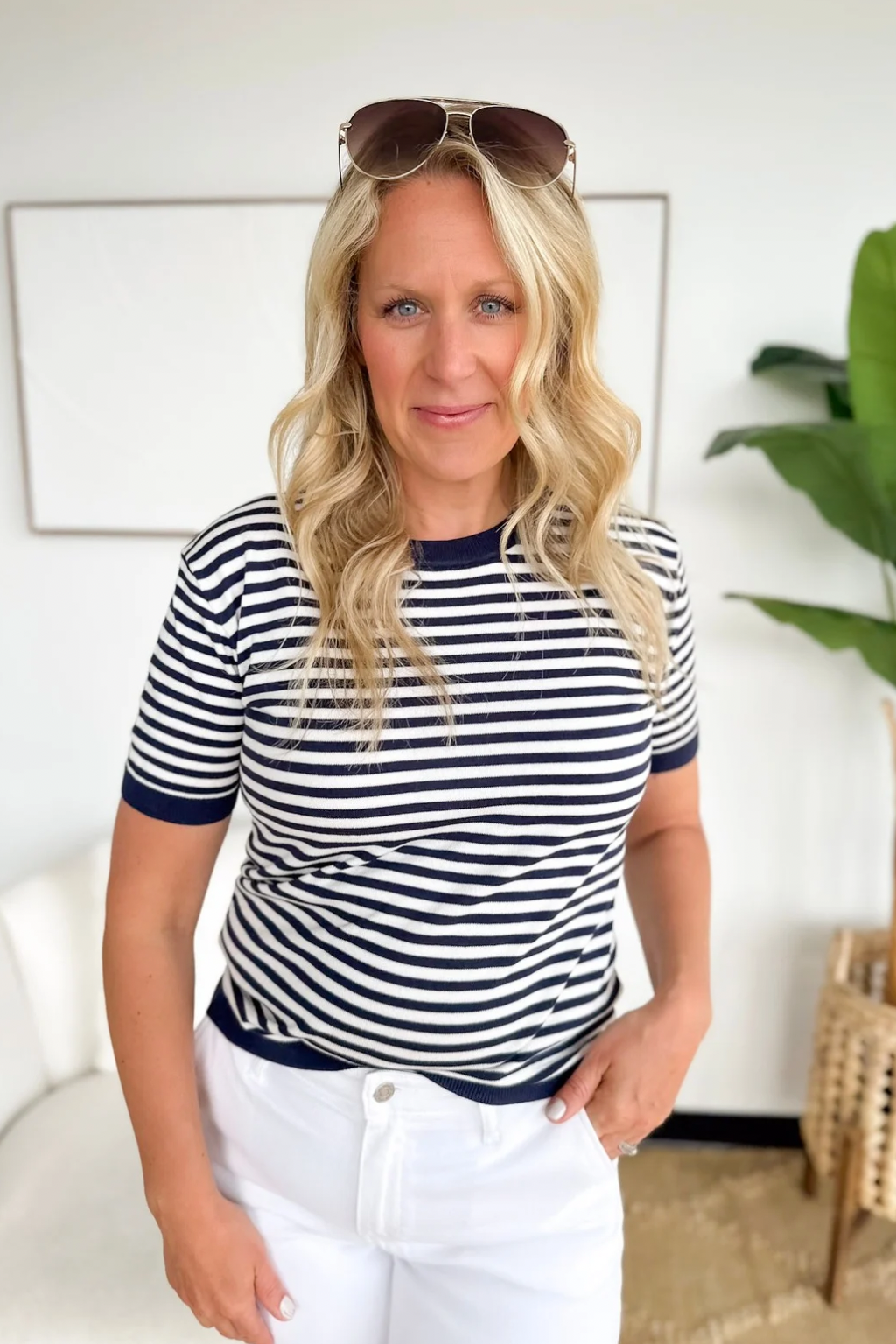 Navy/Ivory Striped 1/2 Sleeve Knit Top