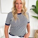 Navy/Ivory Striped 1/2 Sleeve Knit Top