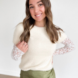 Fuzzy Cream Sweater with Lace Sleeves