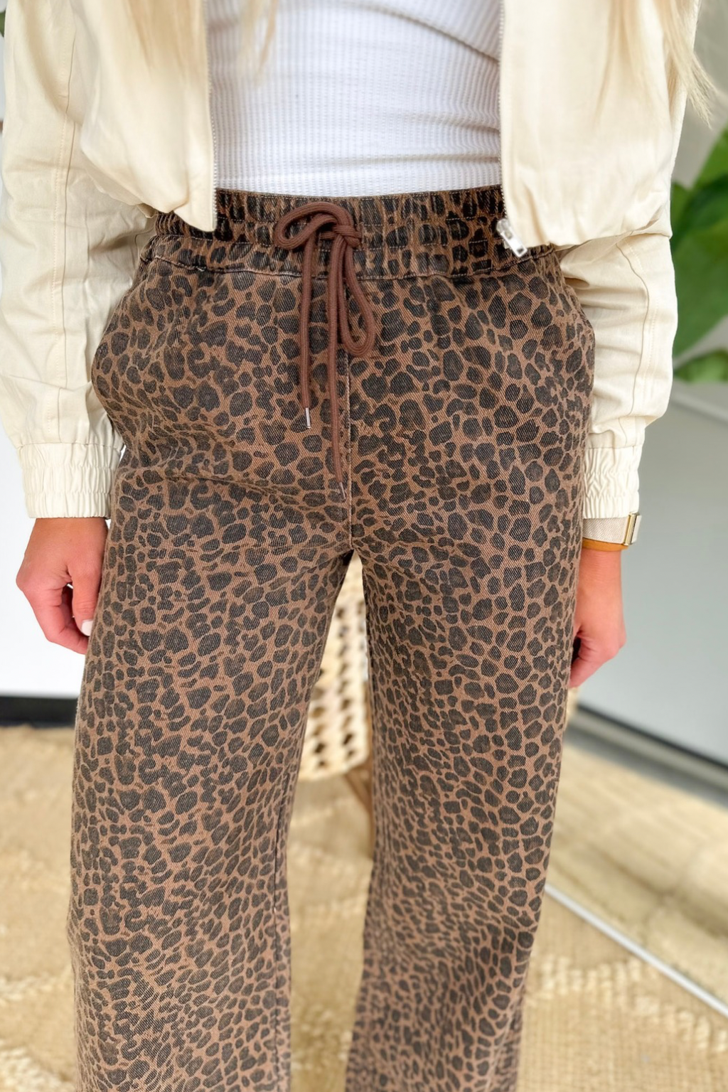 Leopard Drawstring Wide Leg Jeans