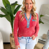 Red Denim Mixed Henley Waffle Top