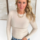 Fitted Round Neck Long Sleeve Top-Oatmeal