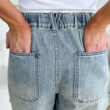 Drawstring Waistband Medium Wash Denim Shorts