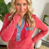 Red Denim Mixed Henley Waffle Top