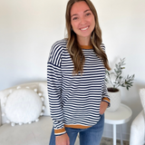 Navy & Ivory Striped Sweater with Camel Trim