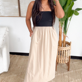 Black & Tan Strapless Linen Maxi Dress