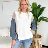 White/Taupe/Blue Color Block Pullover