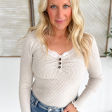 Taupe Ribbed Lace Trim Henley Top