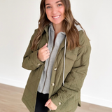 Olive Quilted Hooded Button Up Jacket