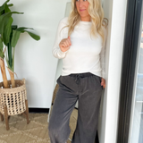 Cream Wide Neck Waffle Knit Long Sleeve Top