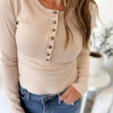 Beige Fitted Long Sleeve Henley Top