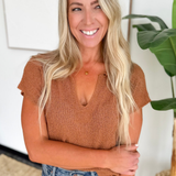 Relaxed Fit V-Neck Short Sleeve Knit Top-Copper