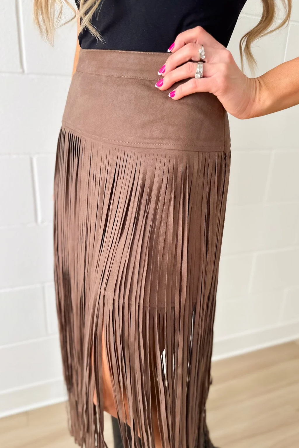 Brown Suede Fringe Midi Skirt
