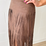 Brown Suede Fringe Midi Skirt