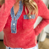 Red Denim Mixed Henley Waffle Top